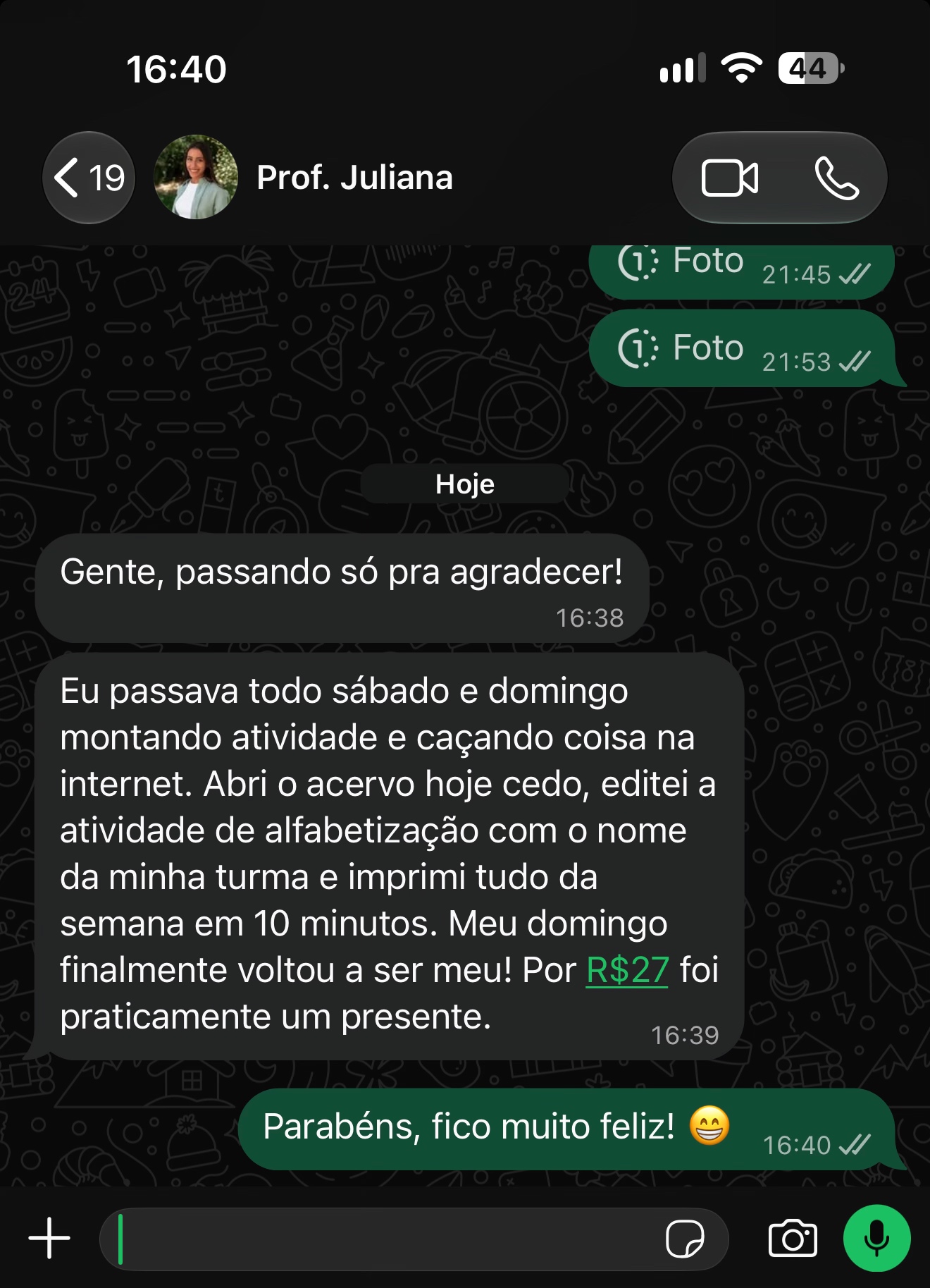 Depoimento enviado de Professora Juliana